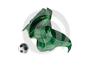 Soccer ball and Smooth elegant transparent green cloth isolated or separated on white studio background.