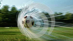 a soccer ball soaring through the air in a powerful kick, leaving a trail of light in its wake