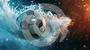a soccer ball soaring through the air in a powerful kick, leaving a trail of light in its wake