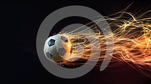 a soccer ball soaring through the air in a powerful kick, leaving a trail of light in its wake