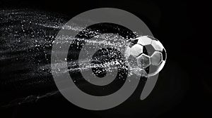 a soccer ball soaring through the air in a powerful kick, leaving a trail of light in its wake