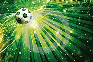Soccer ball soaring with a burst of radiant green light and sparkles, dynamic sports theme