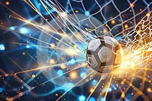 Soccer ball soaring into the net with a dazzling light effect, illustrating the energy of a decisive goal