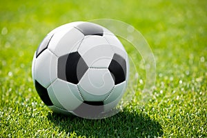 Soccer Ball on a Soccer Field. Green Grass Football Pitch