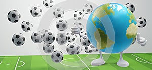 Soccer ball at soccer field with planet earth globe 3d-illustration. elements of this image furnished by NASA