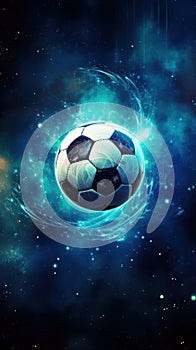 A soccer ball in space with stars and a blue background, AI