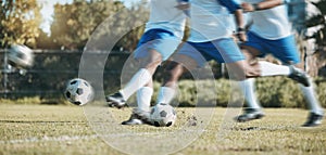 Soccer ball, sports person and feet kick on a field for fitness training or game motion outdoor. Football player, club