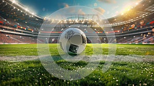 Soccer ball on stadium background, green ground of sport field, view of blurred arena lights. Concept of court, grass, football,