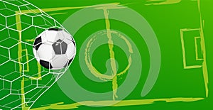 Soccer ball. Stadium field. Score goal into gate net. Sport competition. Pitch athletic sphere. Green grass on school