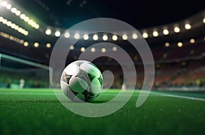 A soccer ball in stadium under lights