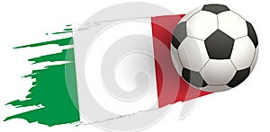 Soccer ball strike flight against background of italy flag