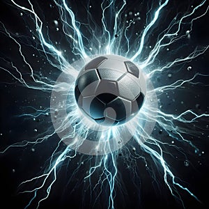 Soccer ball suspended in space with lightning streaks background, sports concept