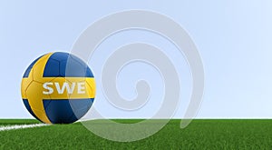 Soccer ball in swedens national colors on a soccer field. Copy space on the right side - 3D Rendering
