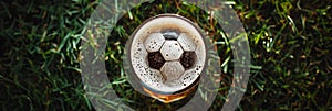 Soccer ball symbol on foam of fresh lager beer glass on green grass. Sport time concept