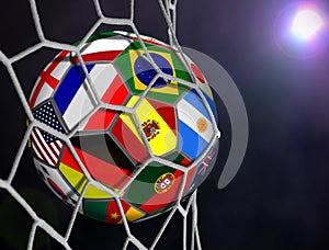 Soccer Ball with Team Flags in Goals Net