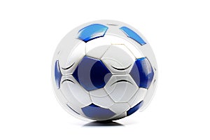 Soccer ball in three colors, black, white and blue on white isolated background. Close-up. Australian women football