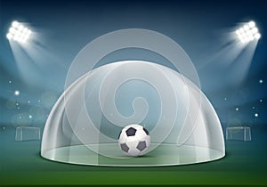 Soccer ball under the glass dome on the stadium