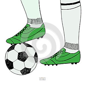 Soccer ball under player feet on white background. Hand drawn color sketch. Sport collection color vector illustration