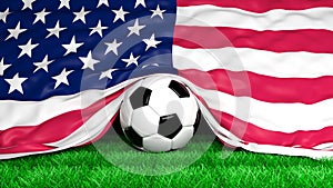 Soccer ball with Usa flag on football field