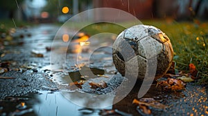 Soccer ball on a wet street with autumn leaves