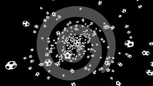 Soccer balls on a black background. Many flying soccer balls in the foreground and background.
