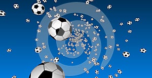 Soccer balls on a blue background. Many flying soccer balls in the foreground and background