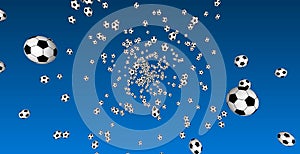 Soccer balls on a blue background. Many flying soccer balls in the foreground and background