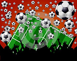 Soccer Balls, Field and Fans on red background