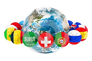 Soccer balls with flags around the Earth Globe, 3D rendering