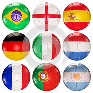 Soccer balls flags of top ranked countries 3d photo