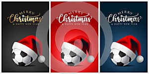 Soccer balls and Santa Claus hat - Merry christmas Greeting Cards - vector design illustration Set of black - red - blue Backgroun