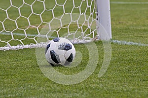 Soccer balls on the stadium lawn