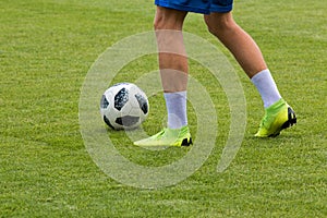 Soccer balls on the stadium lawn