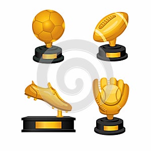 Soccer baseball and american football symbol sport award golden thropy icon set vector