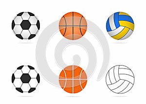 Soccer, basketball and volleyball balls set. Realistic balls and simple icons