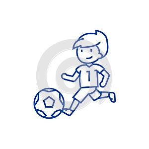 Soccer,boy playing football line icon concept. Soccer,boy playing football flat vector symbol, sign, outline