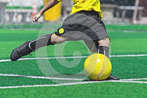 Soccer boy training kicking the ball in soccer training field