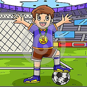 Soccer Boy Wearing a Medal Colored Cartoon