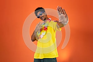 Soccer Brazilian  Fan Celebrating Isolated on Orange Background