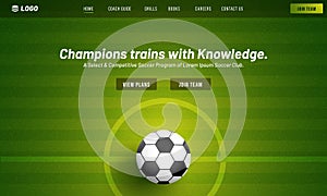 Soccer Champions Trains with Knowledge Game Website or Responsive App Design with Closeup Football on Center