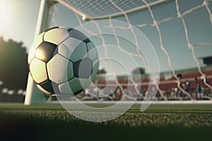 Soccer championship or football sport game tournament flying ball. symbol of soccer ball flying to goal on arena stadium