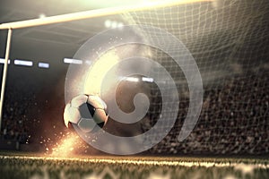 Soccer championship or football sport game tournament flying ball. symbol of soccer ball flying to goal on arena stadium