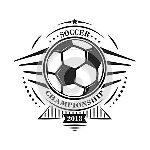 Soccer championship logotype or emblem in retro style with stars and ball. Vector design.