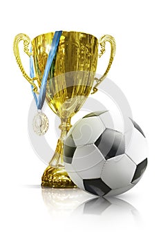 Soccer championship trophy. Golden champion cup isolated on white background. Sport award. Victory concept