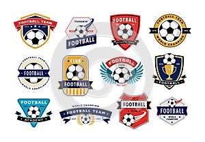 Soccer club badge collection. Football team emblems with soccer balls, sport game tournament labels vector set