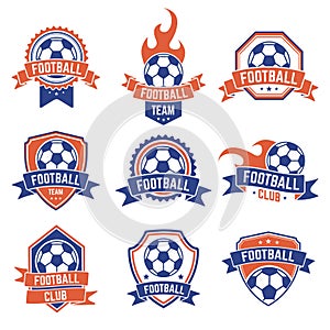 Soccer club emblem. Football badge shield logo, soccer ball team game club elements, soccer competition and championship