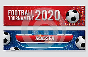 Soccer club or football sport banners. Vector design of arena or football stadium with soccer balls. Vector illustration