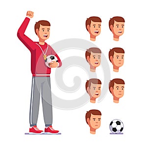 Soccer coach man shouting raising clenched hand