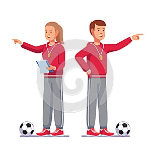 Soccer coach pointing finger talking football team photo