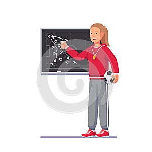 Soccer coach woman drawing game plan on the board photo